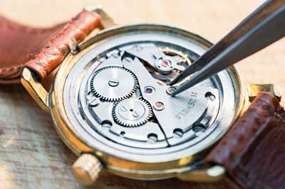 interior of wristwatch showing jewels