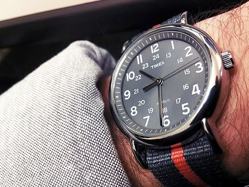 person wearing timex watch