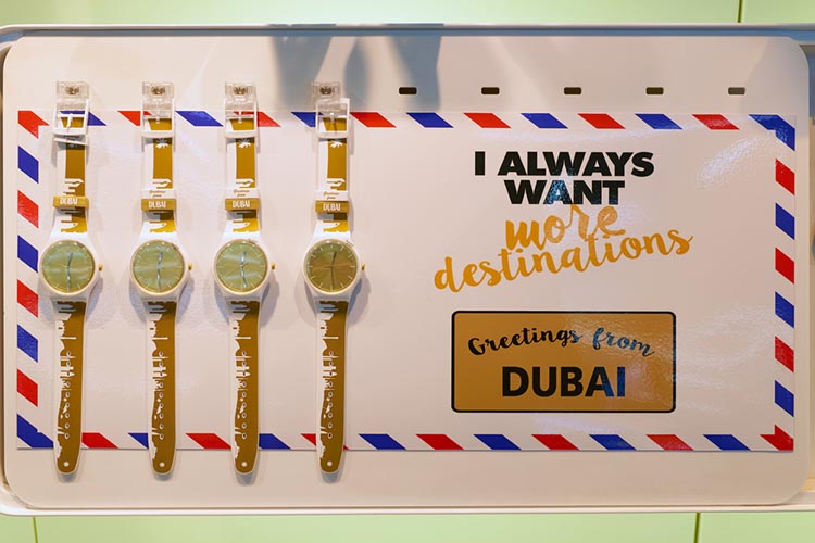 Swatch watches in a store at Dubai International Airport