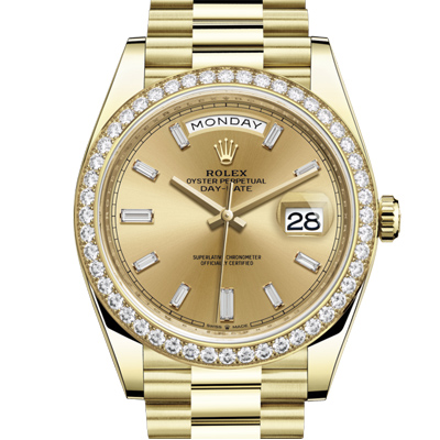 The Oyster Perpetual Day-Date 40 in 18 ct yellow gold, with a champagne colour, diamond-set dial, diamond-set bezel and a President bracelet