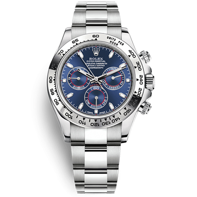 Oyster Perpetual Cosmograph Daytona in 18 ct white gold, with a bright blue dial and an Oyster bracelet