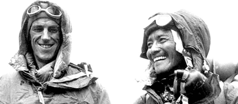 A photo of the first climbers to reach Mount Everest, Sir Edmund Hillary (left) and Sherpa mountaineer Tenzing Norgay (right). 